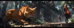 an orange and white cat standing on top of a forest