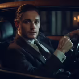 a man sits in the passenger seat of a car