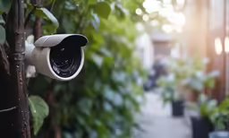 a camera is on a tree branch next to some potted plants