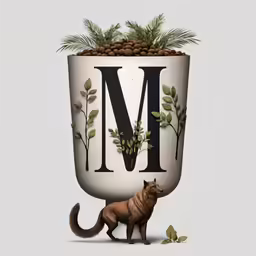 an animal looking at an initial letter with a plant on it