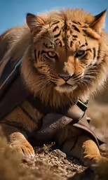 a lion is walking across the desert wearing a backpack