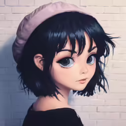 the head of a small doll wearing a hat