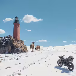 a motorcycle sitting in the snow with three horses and a lighthouse