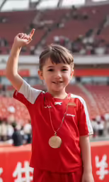a boy posing for a picture with a medal around his neck