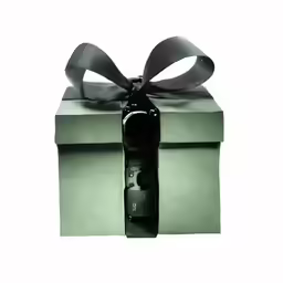 the black bottle wrapped in silver ribbon looks as if it is tied up
