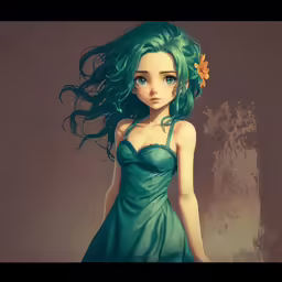 a beautiful woman in green dress looking to her left
