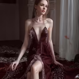 a woman in red dress sitting down with her legs crossed