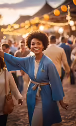 a woman dressed in a blue jacket is holding her arms out while standing near an outdoor crowd