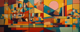 a painting with colorful squares and shapes,a painting on a wall that looks like an abstract painting