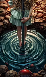 a girl in a dress stands in the water holding an umbrella