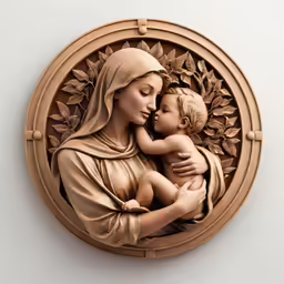 there is a carved statue of mary holding a child