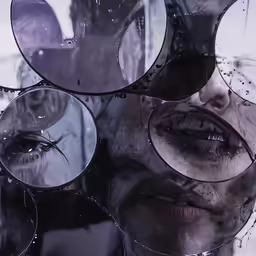 close - up of womans face and different sizes of circular mirrors