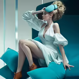 an image of a woman in a dress on a blue couch