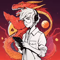 a man wearing headphones standing in front of two giant animals,an image of a man and dragon headphones