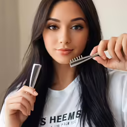 an asian model with long hair holding up her mascara