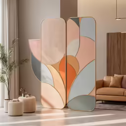 an elegant room divider is shown with a neutral color scheme
