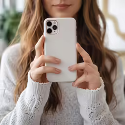 woman with white sweater looking at cell phone