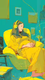 the woman is sleeping in a big chair,a painting of a person with headphones on