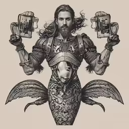 a drawing of a bearded man dressed as a medieval god