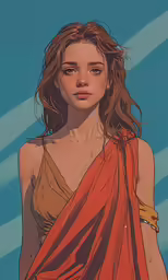 an art work shows a young woman with long hair in a sarp