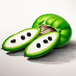 two green fruits cut in half sitting on top of a table