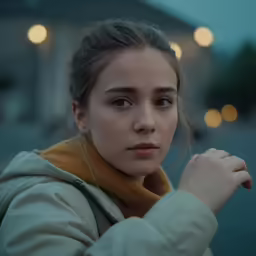 a young woman poses for a photograph in a city at night