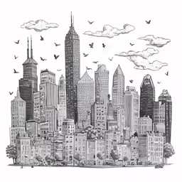 a black and white drawing of a city