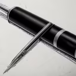 a pen and a pair of scissors are seen in black and white