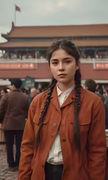 a girl in brown jacket and white shirt standing in front of an arena