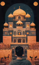 an old man standing in front of a tall building