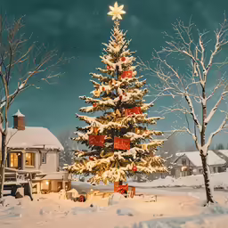 a snowy christmas tree on the side of a street