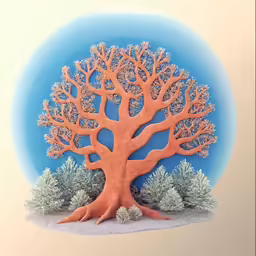 a tree with a few white branches and some green bushes