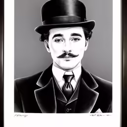 a portrait with a mustache in black frame