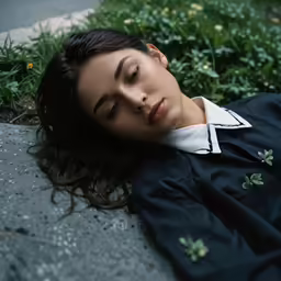 a beautiful young woman laying on the ground