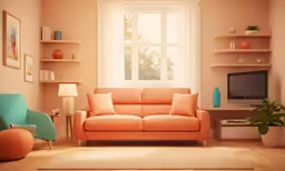 the room has an orange couch, two green chairs, a white table, and a wooden floor