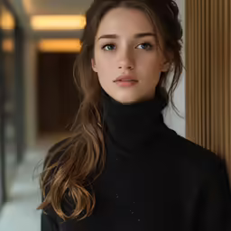 a beautiful young woman leaning against the wall wearing a turtle neck sweater