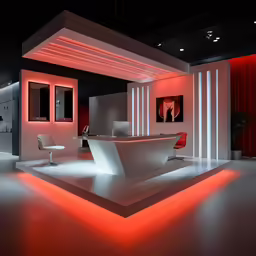 a large empty room with red lights and a long white table