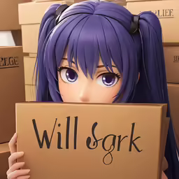 a anime girl holding a cardboard sign reading will sork