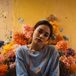 a woman sitting on a chair surrounded by flowers