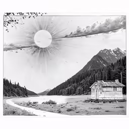 sun burst above a hut and the water below it