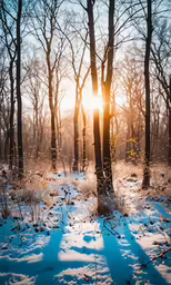 the sun is setting behind the bare trees in the snow