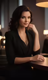 a woman wearing a suit sits at a table in a restaurant