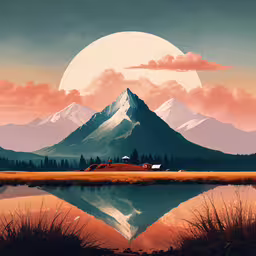 mountains are depicted as the sun rises over a lake,painting a mountain landscape with a lake in the foreground