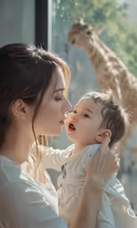 a woman holding a child close to a giraffe