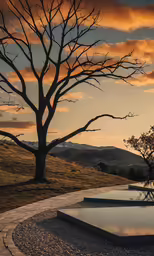 the sun sets as it illuminates a body of water on a hilltop