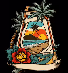 a poster with a tropical scene and palm trees on it,the logo for an art gallery with a tropical background