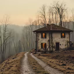a house is sitting on a dirt path