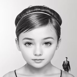 the portrait of a young girl in a black bra, against a backdrop of a man with an umbrella
