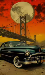an old car is parked under a bridge