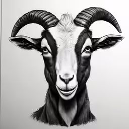 this is an ink drawing of a goat with big horns